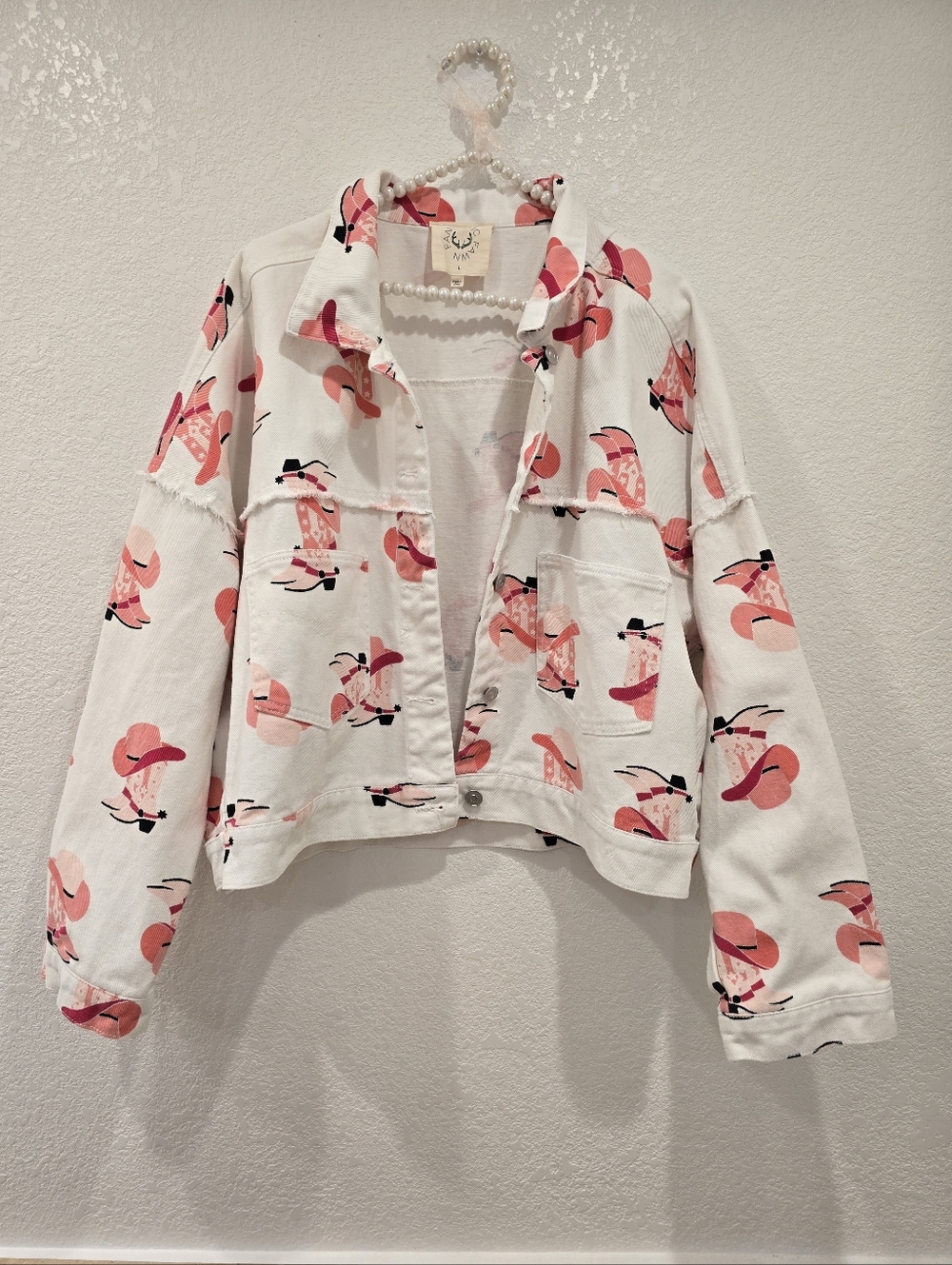 Fantastic Fawn Cowgirl Denim Jacket White Pink Cotton  L